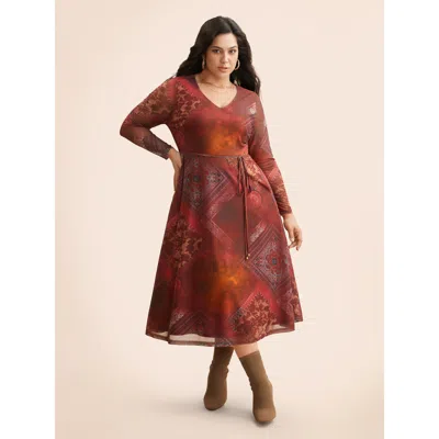 Bloomchic Women's Plus Size Boho Print Belted Mesh Midi Dress Russet Bohemian Print Midi Everyday See Through  In Brown