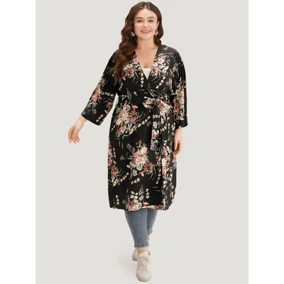 Bloomchic Women's Plus Size Boho Print Belted Open Front Kimono Blackflower Belted 10/m