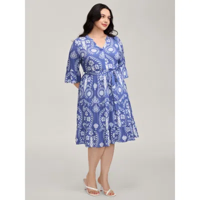 Bloomchic Women's Plus Size Boho Print Belted Side Pockets Midi Dress Cerulean Bohemian Print Midi Vacation 14 In Blue