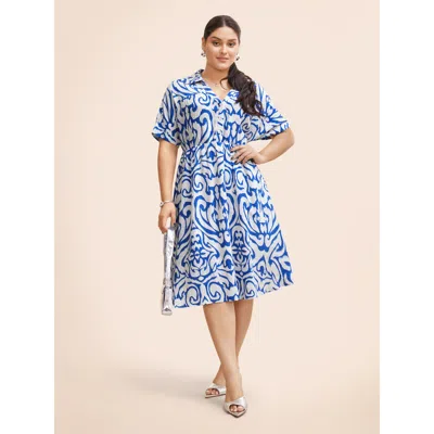 Bloomchic Women's Plus Size Boho Print Button Detail Cuffed Sleeve Dress Beige Bohemian Print Midi Office Gath In Sand