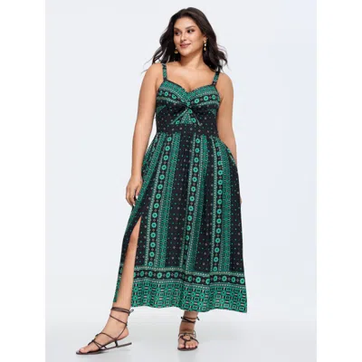 Bloomchic Women's Plus Size Boho Print Color Contrast Cami Maxi Dress Teal Bohemian Print Maxi Vacation 18-20/ In Blue