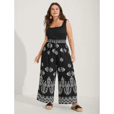 Bloomchic Women's Plus Size Boho Print Color Contrast Flowy Jumpsuit Black Vacation 30/6x