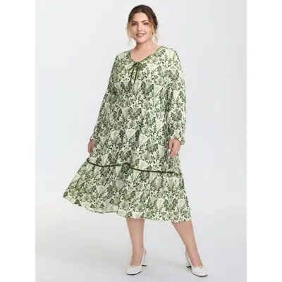 Bloomchic Women's Plus Size Boho Print Color Contrast Midi Dress Teal Bohemian Print Midi Elegant Tie Knot 14- In Blue