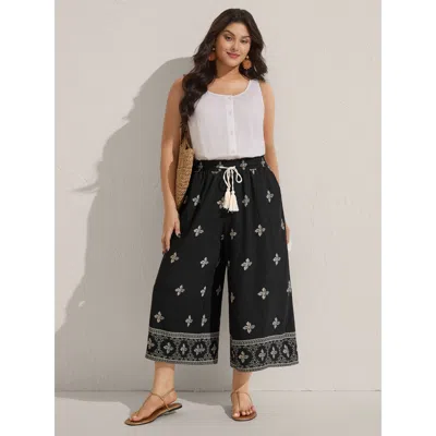 Bloomchic Women's Plus Size Boho Print Color Contrast Wide-leg Pants Black Ethnic Floral Wide Leg Mid Rise Vac