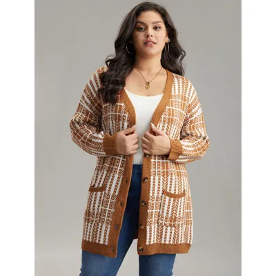 Bloomchic Women's Plus Size Boho Print Contrast Pocket Open Front Cardigan Chocolate Long Sleeve 22-24/3x In Brown