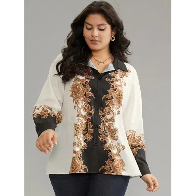 Bloomchic Women's Plus Size Boho Print Contrast Shirt Collar Blouse Multicolor Vacation Long Sleeve 14-16/1x