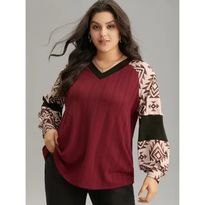 Bloomchic Women's Plus Size Boho Print Contrast Texture Rib Knit Raglan Sleeve Sweatshirt Burgundy Bohemian Pr