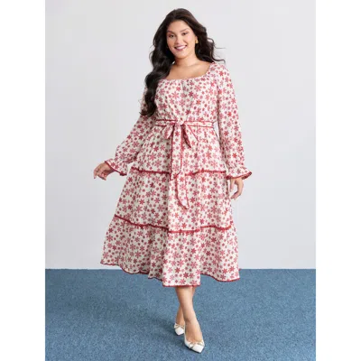 Bloomchic Women's Plus Size Boho Print Contrast Waist-tie Maxi Dress Brightred Ditsy Floral Maxi Elegant 12/l