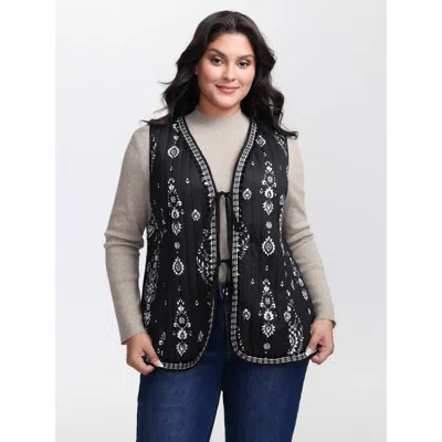 Bloomchic Women's Plus Size Boho Print Double Front-tie Vest Black Topstitching 10/m