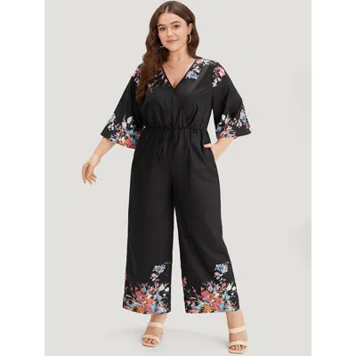 Bloomchic Women's Plus Size Boho Print Drawstring Pocket Flutter Sleeve Jumpsuit Black Everyday 10/m