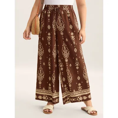 Bloomchic Women's Plus Size Boho Print Drawstring Wide-leg Pants Browncoffeecolor Bohemian Print Wide Leg Mid 