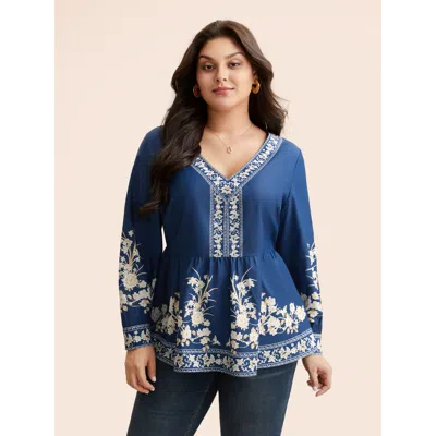 Bloomchic Women's Plus Size Boho Print Elastic Waist Gathered Blouse Indigo Floral Everyday Long Sleeve 10/m In Purple