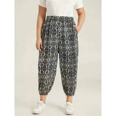 Bloomchic Women's Plus Size Boho Print Elastic Waist Harem Pants Black High Rise Dailywear 12/l