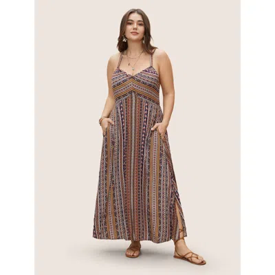 Bloomchic Women's Plus Size Boho Print Elastic Waist Split Hem Cami Dress Navy Ethnic Floral Maxi Vacation Non In Blue