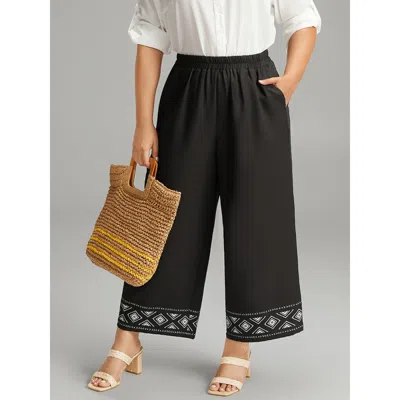 Bloomchic Women's Plus Size Boho Print Elastic Waist Straight Leg Pants Black High Rise Dailywear 14-16/1x