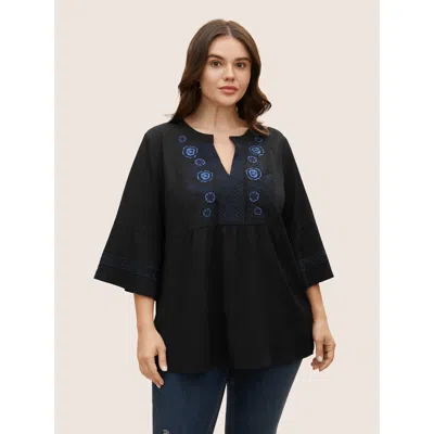 Bloomchic Women's Plus Size Boho Print Embroidered Gathered Notched Blouse Black Solid Vacation 3/4 Sleeve V-n