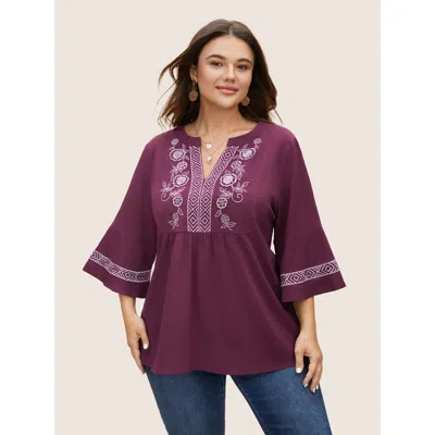 Bloomchic Women's Plus Size Boho Print Embroidered Gathered Notched Blouse Plum Solid Vacation 3/4 Sleeve V-no In Purple