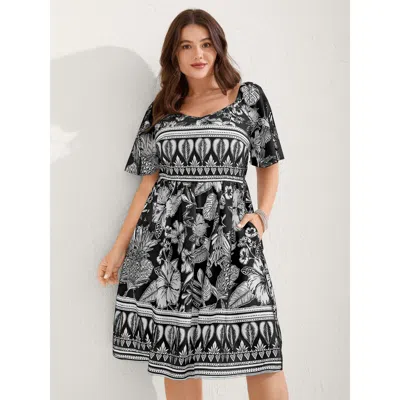 Bloomchic Women's Plus Size Boho Print Fit Flare Pockets Mini Dress Black Tropical Mini Vacation Smocked 10/m