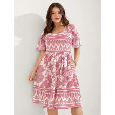 Bloomchic Women's Plus Size Boho Print Fit Flare Pockets Mini Dress Blush Tropical Mini Vacation Smocked 10/m In Pink
