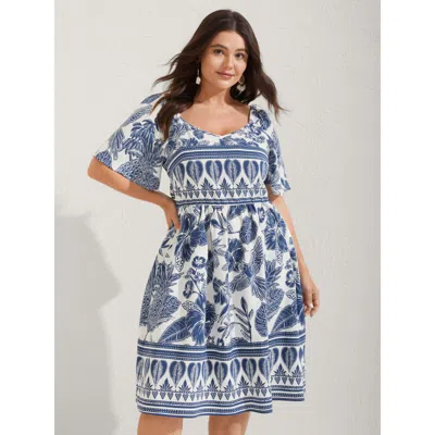 Bloomchic Women's Plus Size Boho Print Fit Flare Pockets Mini Dress Darkblue Tropical Mini Vacation Smocked 10 In Blue