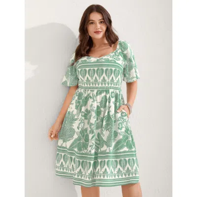 Bloomchic Women's Plus Size Boho Print Fit Flare Pockets Mini Dress Mint Tropical Mini Vacation Smocked 30/6x In Green