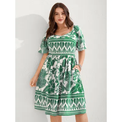 Bloomchic Women's Plus Size Boho Print Fit Flare Pockets Mini Dress Truegreen Tropical Mini Vacation Smocked 3