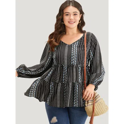Bloomchic Women's Plus Size Boho Print Frill Trim Ruffle Layered Hem Blouse Blackflower Vacation Long Sleeve 1