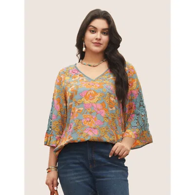 Bloomchic Women's Plus Size Boho Print Guipure Lace Ruffles Blouse Stone Floral Vacation 3/4 Sleeve V-neck 18- In Gray