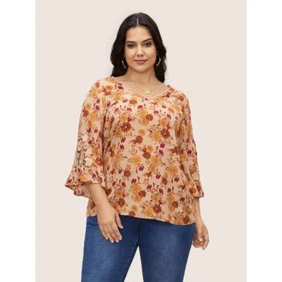 Bloomchic Women's Plus Size Boho Print Guipure Lace Ruffles Blouse Wheat Floral Vacation 3/4 Sleeve V-neck 12/ In Sand