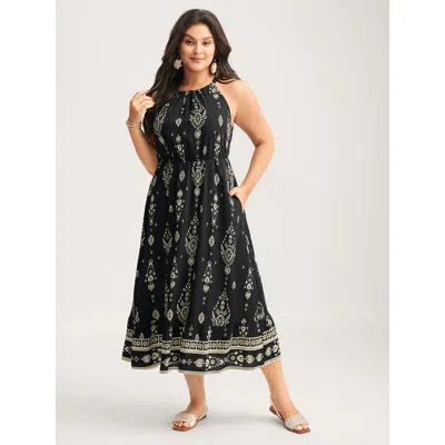 Bloomchic Women's Plus Size Boho Print Halter Neck Pockets Midi Dress Black Ethnic Floral Midi Vacation Non 30