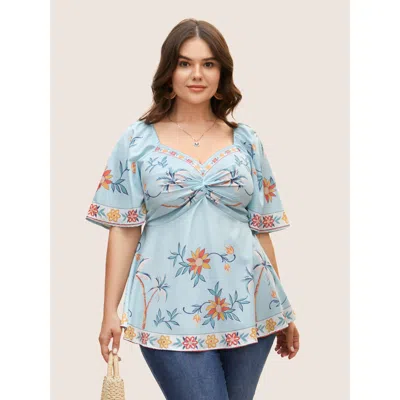 Bloomchic Women's Plus Size Boho Print Heart Neckline Twist Front Blouse Multicolor Floral Vacation Half Sleev