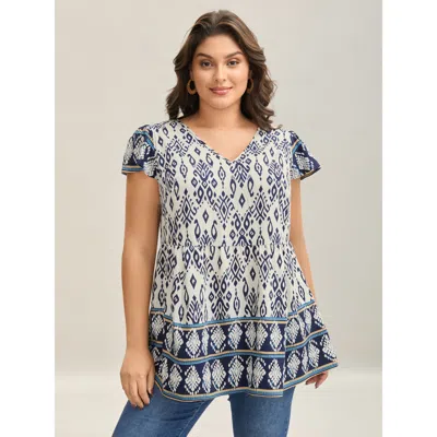 Bloomchic Women's Plus Size Boho Print High-low Hem Shirt Indigo Tarot Vacation Short Sleeve V-neck 10/m In Purple