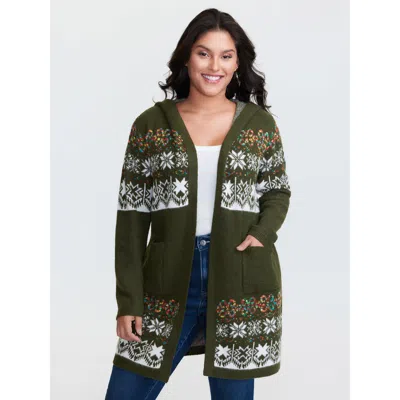 Bloomchic Women's Plus Size Boho Print Jacquard Hooded Knit Cardigan Armygreen Long Sleeve Hooded Neck 22-24/3