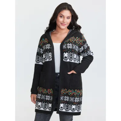 Bloomchic Women's Plus Size Boho Print Jacquard Hooded Knit Cardigan Black Long Sleeve Hooded Neck 18-20/2x