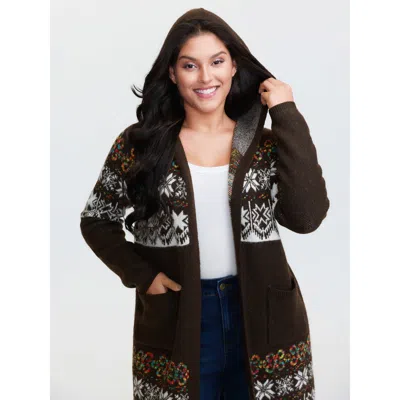 Bloomchic Women's Plus Size Boho Print Jacquard Hooded Knit Cardigan Darkbrown Long Sleeve Hooded Neck 10/m In Brown