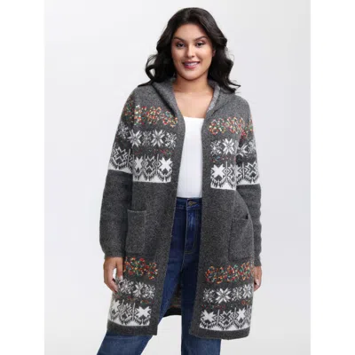 Bloomchic Women's Plus Size Boho Print Jacquard Hooded Knit Cardigan Dimgray Long Sleeve Hooded Neck 10/m