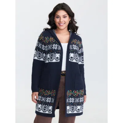 Bloomchic Women's Plus Size Boho Print Jacquard Hooded Knit Cardigan Indigo Long Sleeve Hooded Neck 12/l In Purple