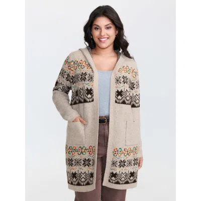 Bloomchic Women's Plus Size Boho Print Jacquard Hooded Knit Cardigan Lightbrown Long Sleeve Hooded Neck 12/l In Brown