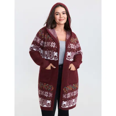 Bloomchic Women's Plus Size Boho Print Jacquard Hooded Knit Cardigan Scarlet Long Sleeve Hooded Neck 10/m In Red