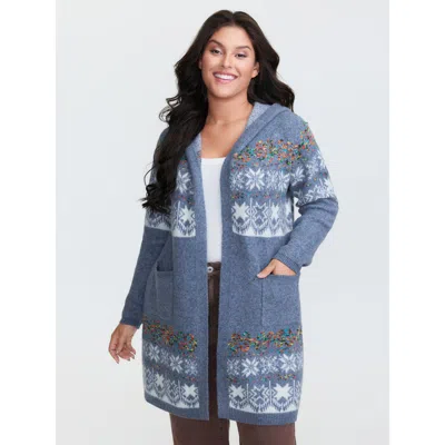 Bloomchic Women's Plus Size Boho Print Jacquard Hooded Knit Cardigan Stone Long Sleeve Hooded Neck 10/m In Gray