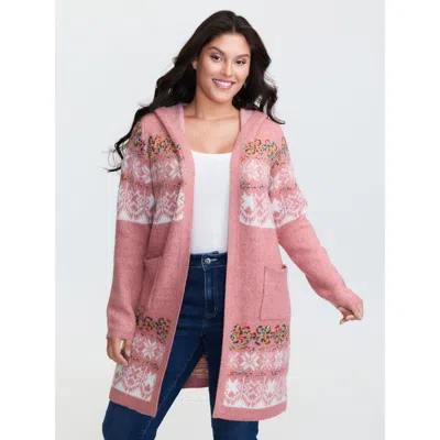 Bloomchic Women's Plus Size Boho Print Jacquard Hooded Knit Cardigan Watermelon Long Sleeve Hooded Neck 22-24/ In Green