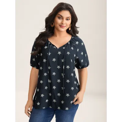 Bloomchic Women's Plus Size Boho Print Keyhole Pleated Blouse Indigo Else Vacation Short Sleeve Sweetheart Nec In Purple