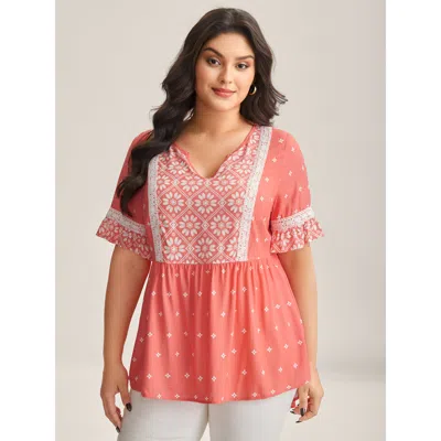 Bloomchic Women's Plus Size Boho Print Lace Babydoll Top Orangered Bohemian Print Vacation Half Sleeve 10/m