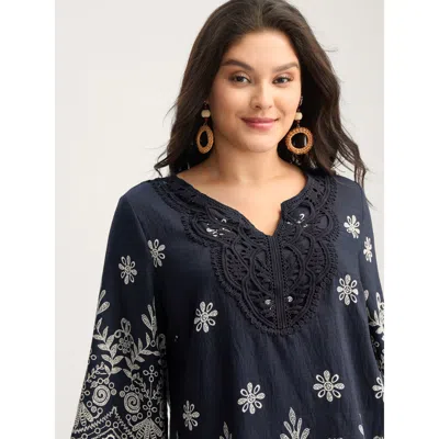Bloomchic Women's Plus Size Boho Print Lace Neck Blouse Indigo Else Vacation 3/4 Sleeve V-notch Neck 12/l In Purple