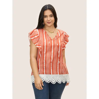 Bloomchic Women's Plus Size Boho Print Lace Panel Cap Sleeve Blouse Brightorange Bohemian Print Vacation Cap S