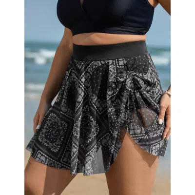 Bloomchic Women's Plus Size Boho Print Lace Trim Swim Bottoms Black Bohemian Print Short Tie Knot Fully Elasti