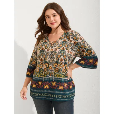 Bloomchic Women's Plus Size Boho Print Lace Up Bell Sleeve Blouse Multicolor Paisley Vacation 3/4 Sleeve V-nec