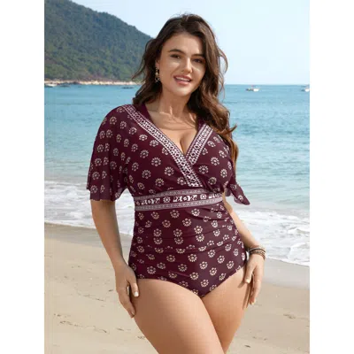 Bloomchic Women's Plus Size Boho Print Mesh Ruched Crisscross One-piece Swimsuit Deepred Ethnic Floral Mesh Pa In Red