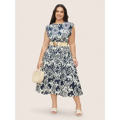 Bloomchic Women's Plus Size Boho Print Mock Neck Shirred Ruffle Cap Sleeve Dress Navy Else Midi Vacation Smock In Blue