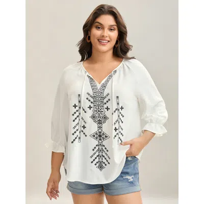 Bloomchic Women's Plus Size Boho Print Neck Tassels Shirt Originalwhite Geometric Vacation 3/4 Sleeve V-notch 